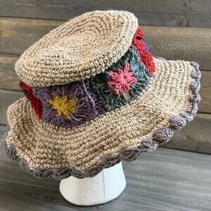 2Chic 100% Hemp Bucket Hat Wired Edge Granny Square Crochet Boho Artisan Nepal